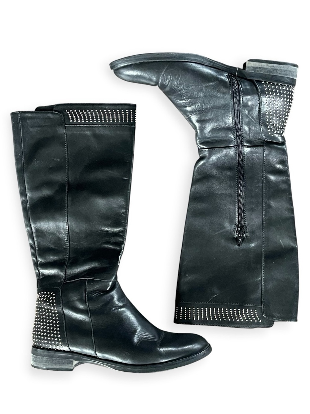 Black Studded Tall Leather Boots Moto Gothic Y2K Western Silver Studs